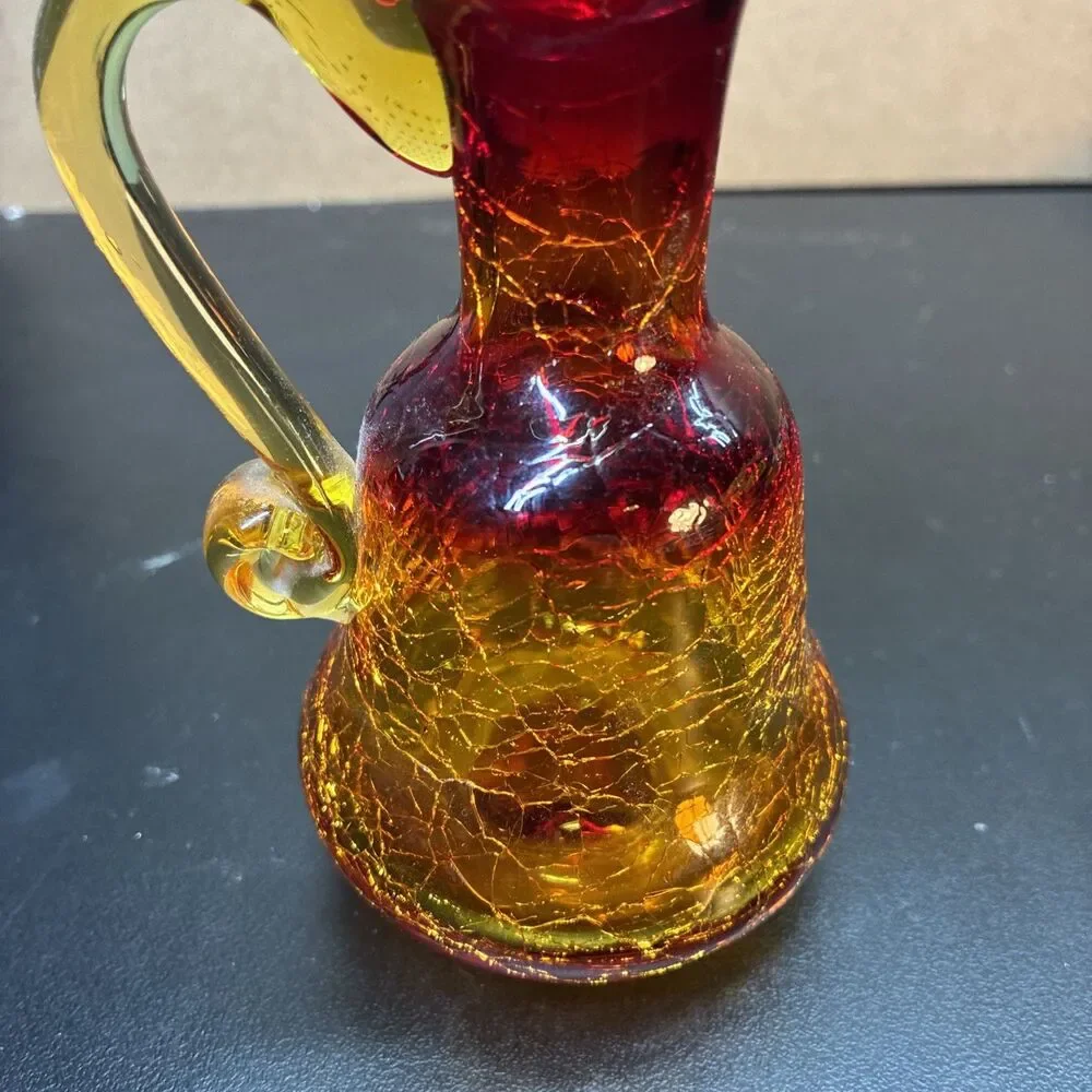 Vintage Amberina Crackle Glass Ruby Red Orange Cruet Pitcher  With Stopper